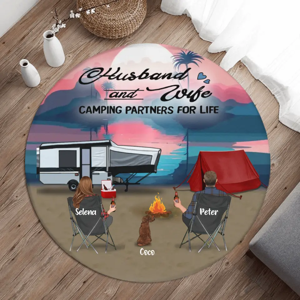 Personalized Camping Round Rug - Single Parents/Couple With Up to 4 Kids And 4 Pets - Gift Idea For Camping Lovers - Husband And Wife Camping Partners For Life