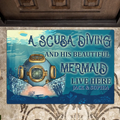 Personalized Funny Doormat - Gift Idea For Couple/Him/Her/Valentine's Day - A Scuba Diver And His Beautiful Mermaid Live Here